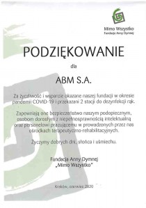 Podzikowanie - Fundacja Anny Dymnej "Mimo Wszystko"